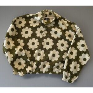 PACSUN Cropped Sherpa Pullover Green Flower Size XS Oversized